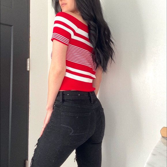 Red and white striped off the shoulder crop top - Picture 2 of 4